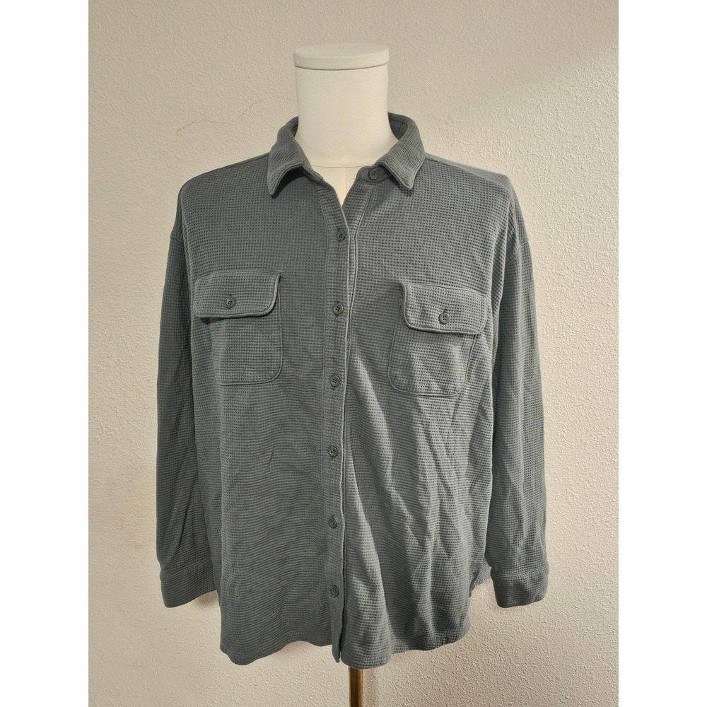 Magellan Size L Blue Gray Waffle Knit Boyfriend Fit Button Up Shirt - Picture 2 of 6